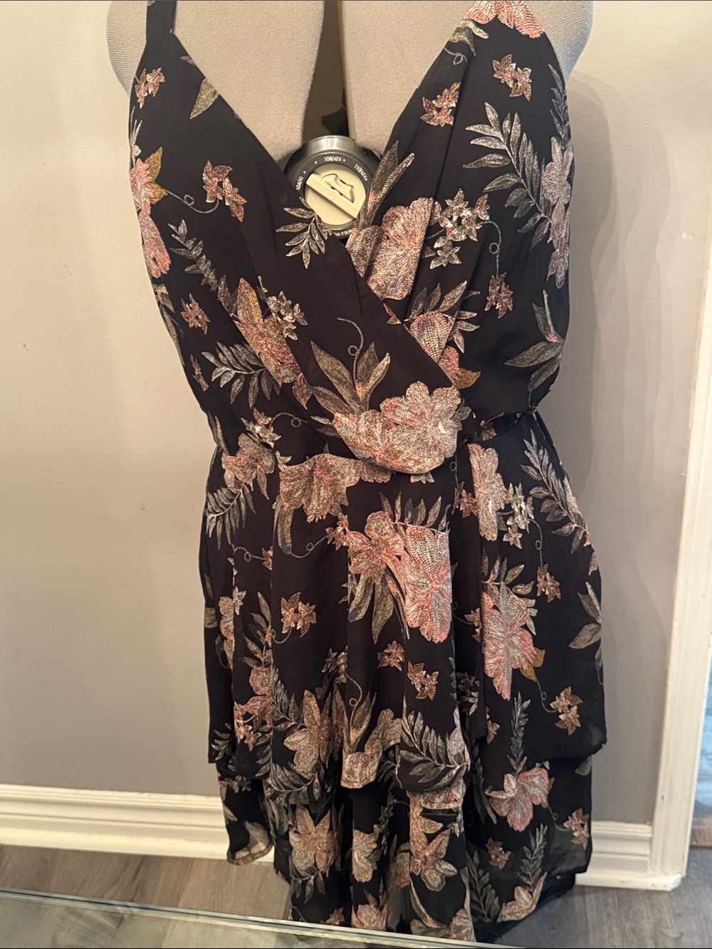 Black Floral Wrap-Front Women's Dress - Pink & Green Print